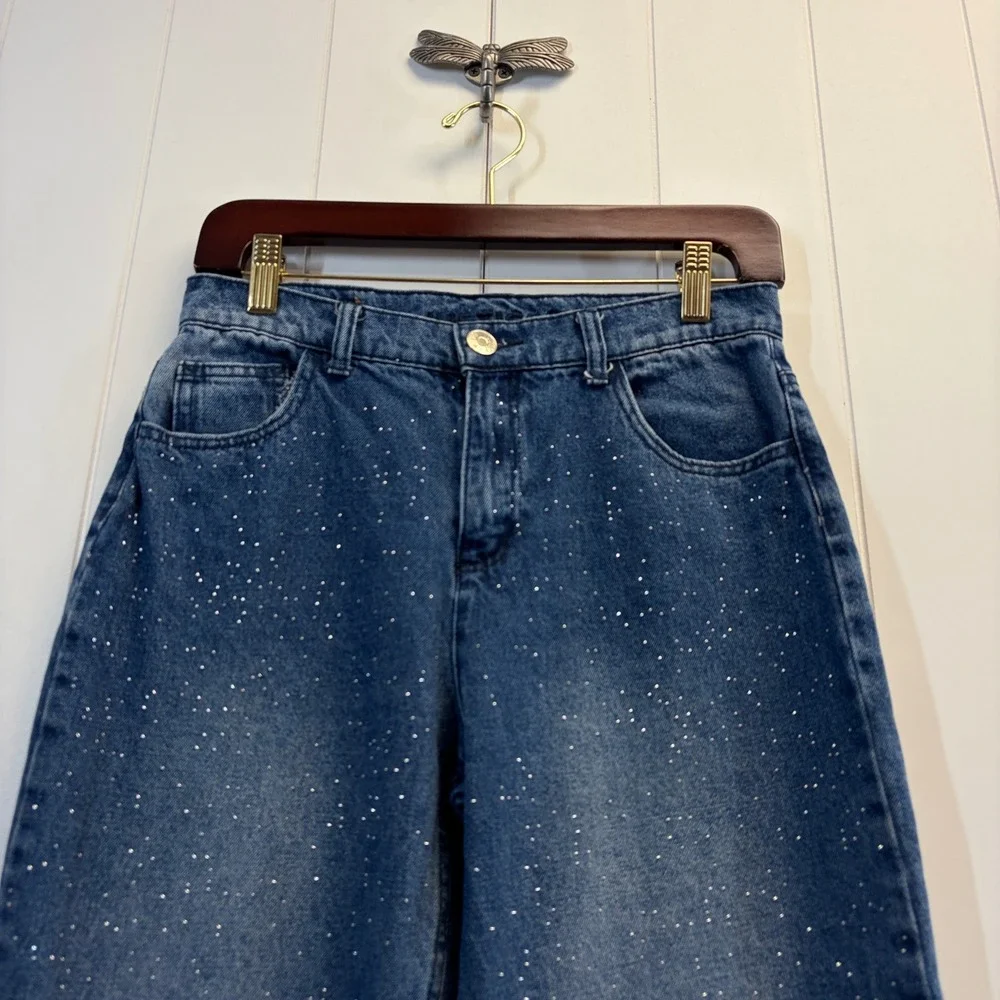 Justice Y2K Sparkle Wide Leg Denim Jeans Girls Size 14 School Embellished Grunge